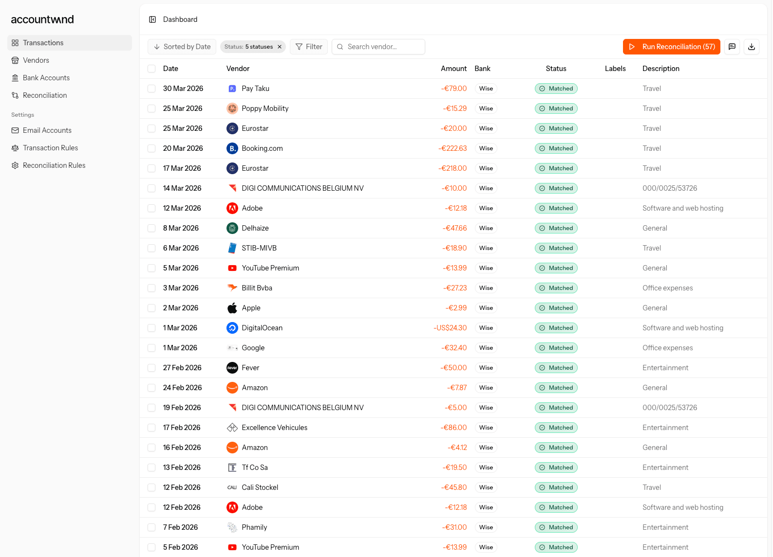 AccountWand dashboard showing transaction reconciliation